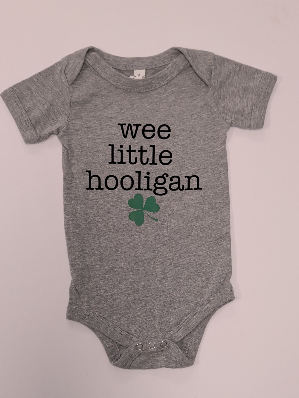 Bella Canvas Grey Baby Bodysuit with Green Shamrock